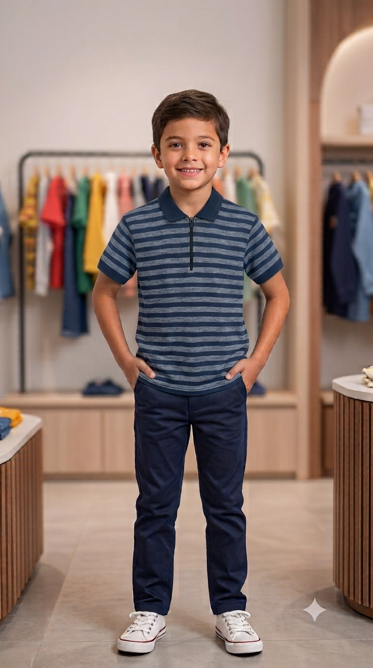 Boys Striped Polo Shirt - Blue Collar on model
