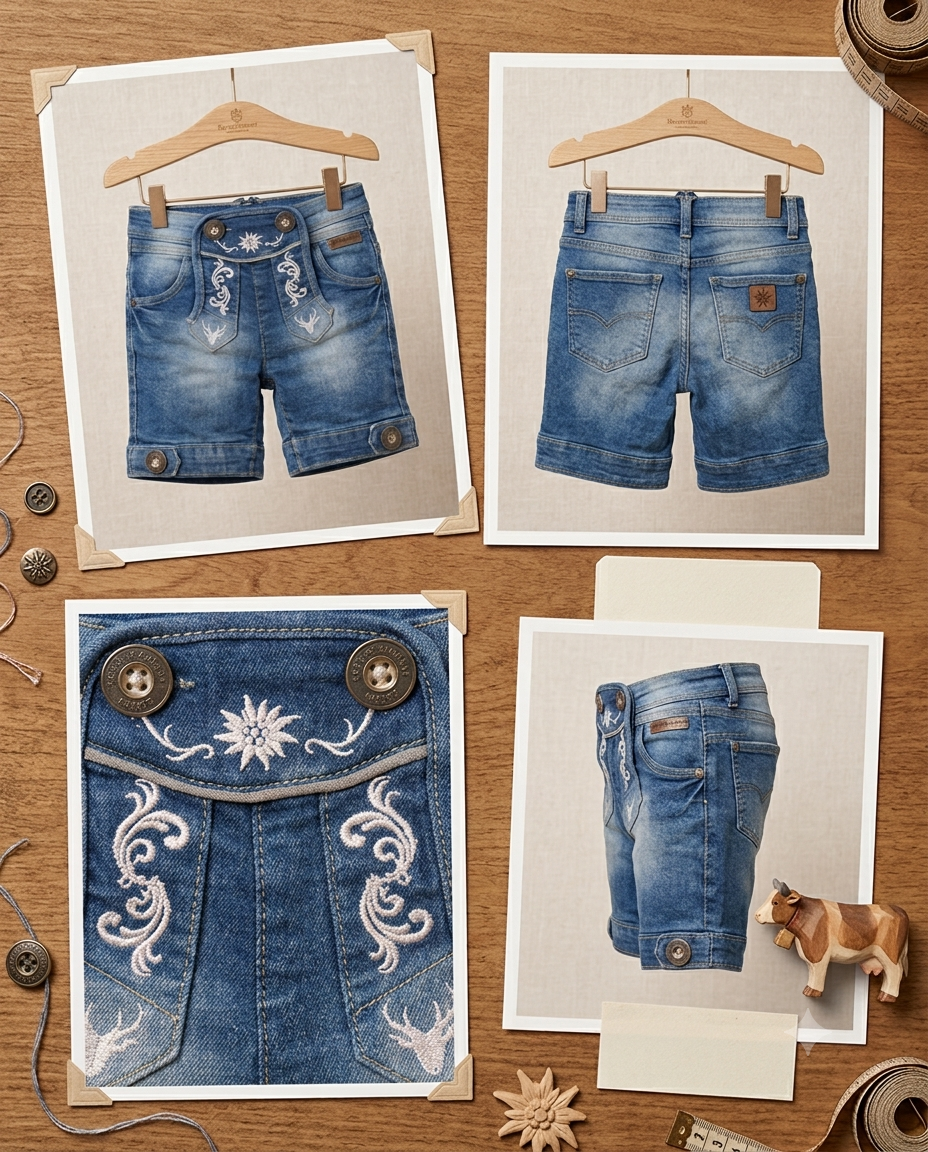 Bavarian embroidered denim shorts - close up embroidery detail
