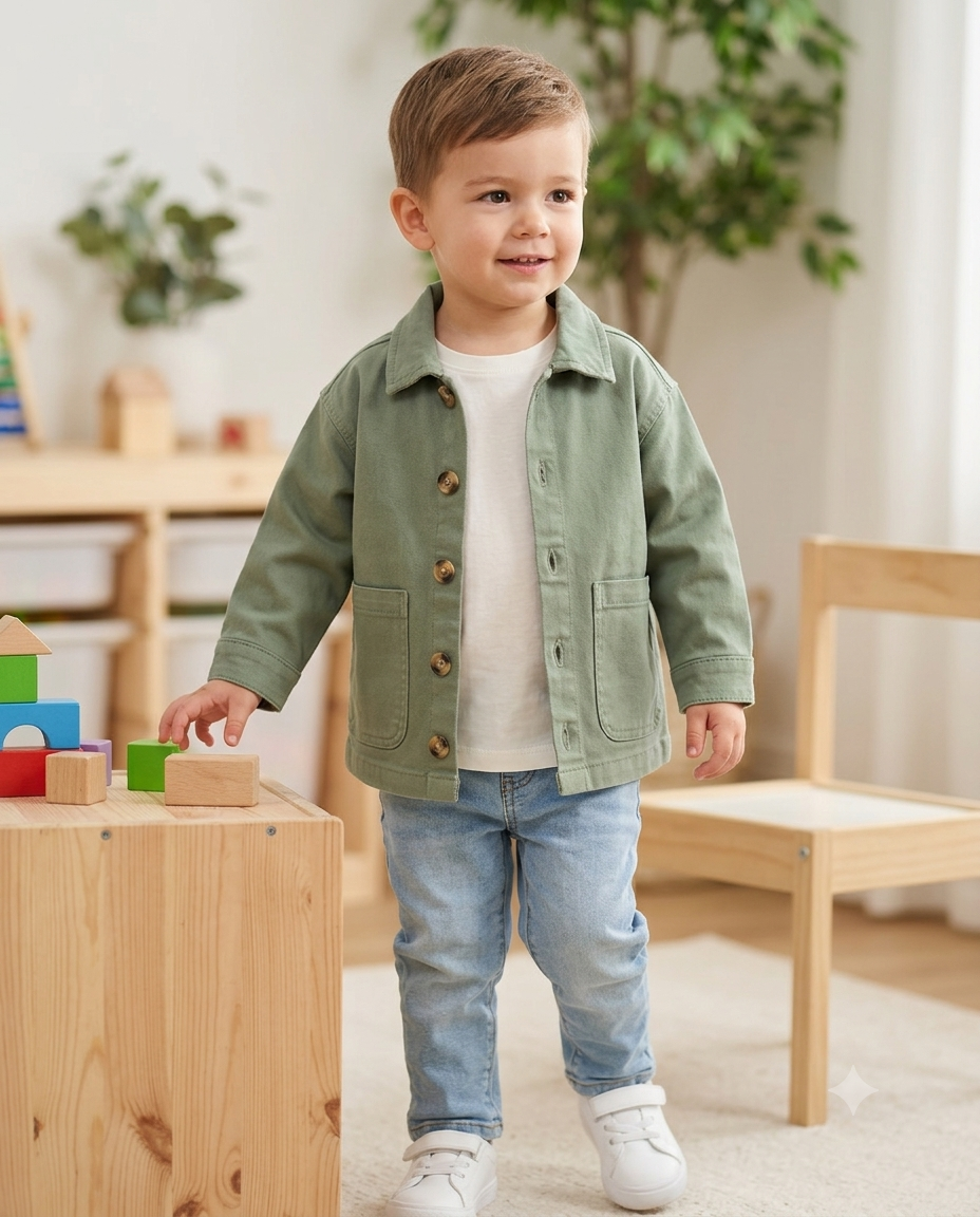 Kids cotton shirt jacket – girl wearing olive green jacket
