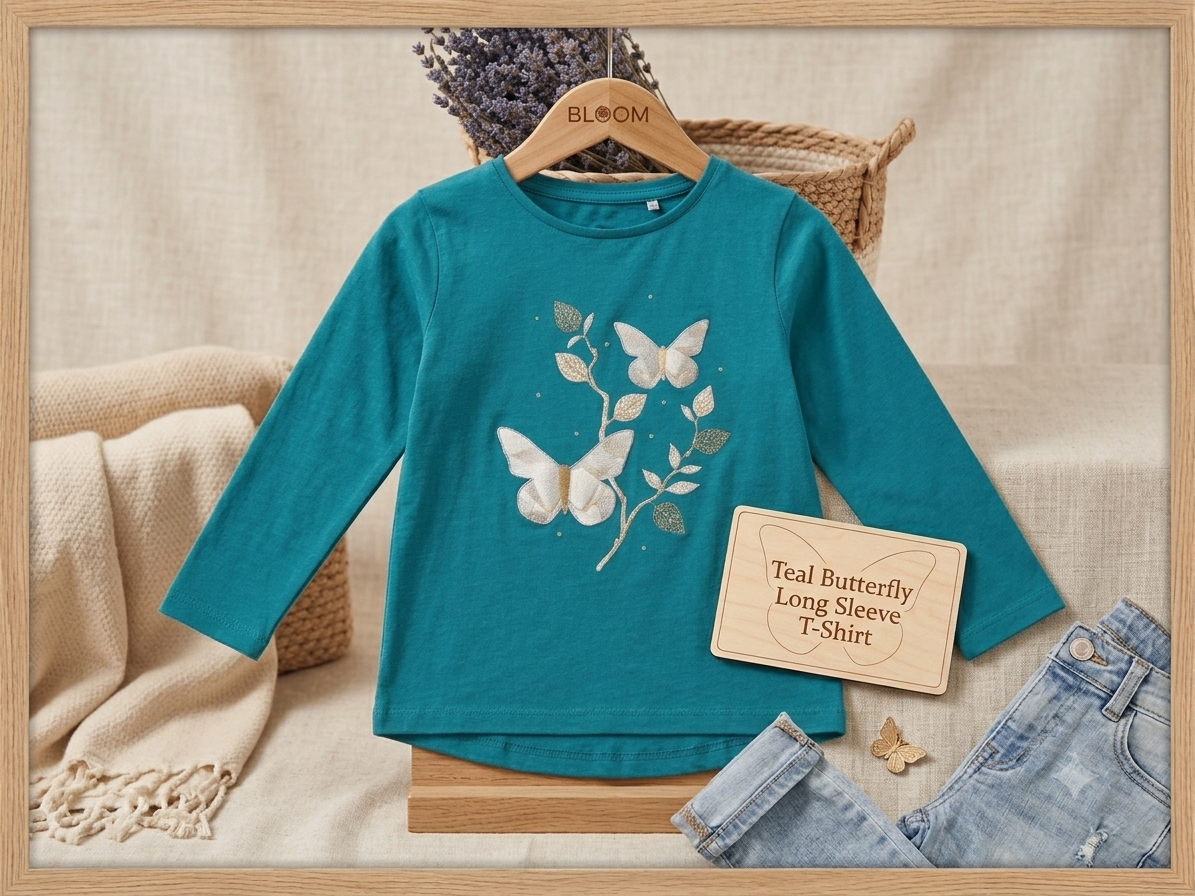 Teal butterfly long sleeve t-shirt flat lay