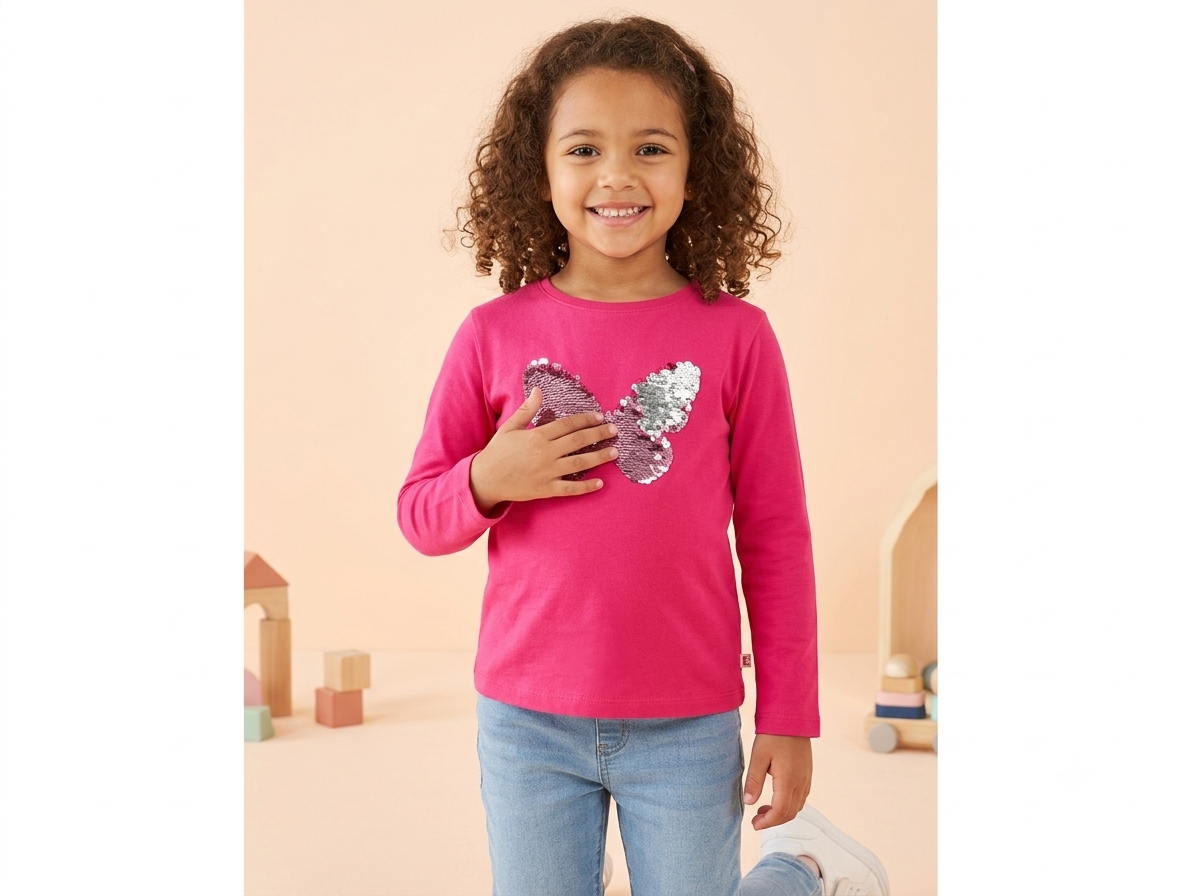 Girls Butterfly Sequin Full Sleeve T-Shirt