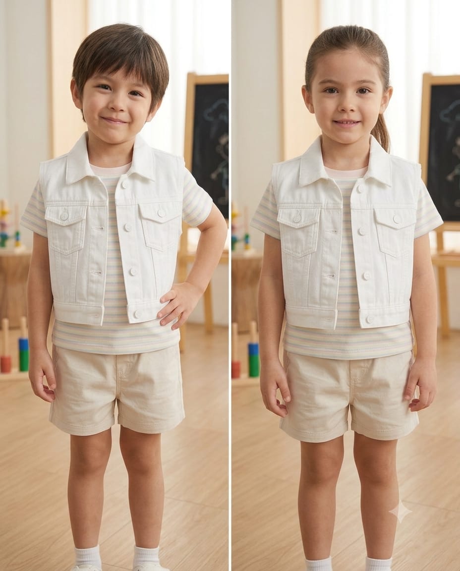 Boy and girl both wearing white sleeveless denim vest jacket