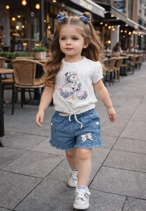 Cute girl wearing white top and denim shorts walking outdoors