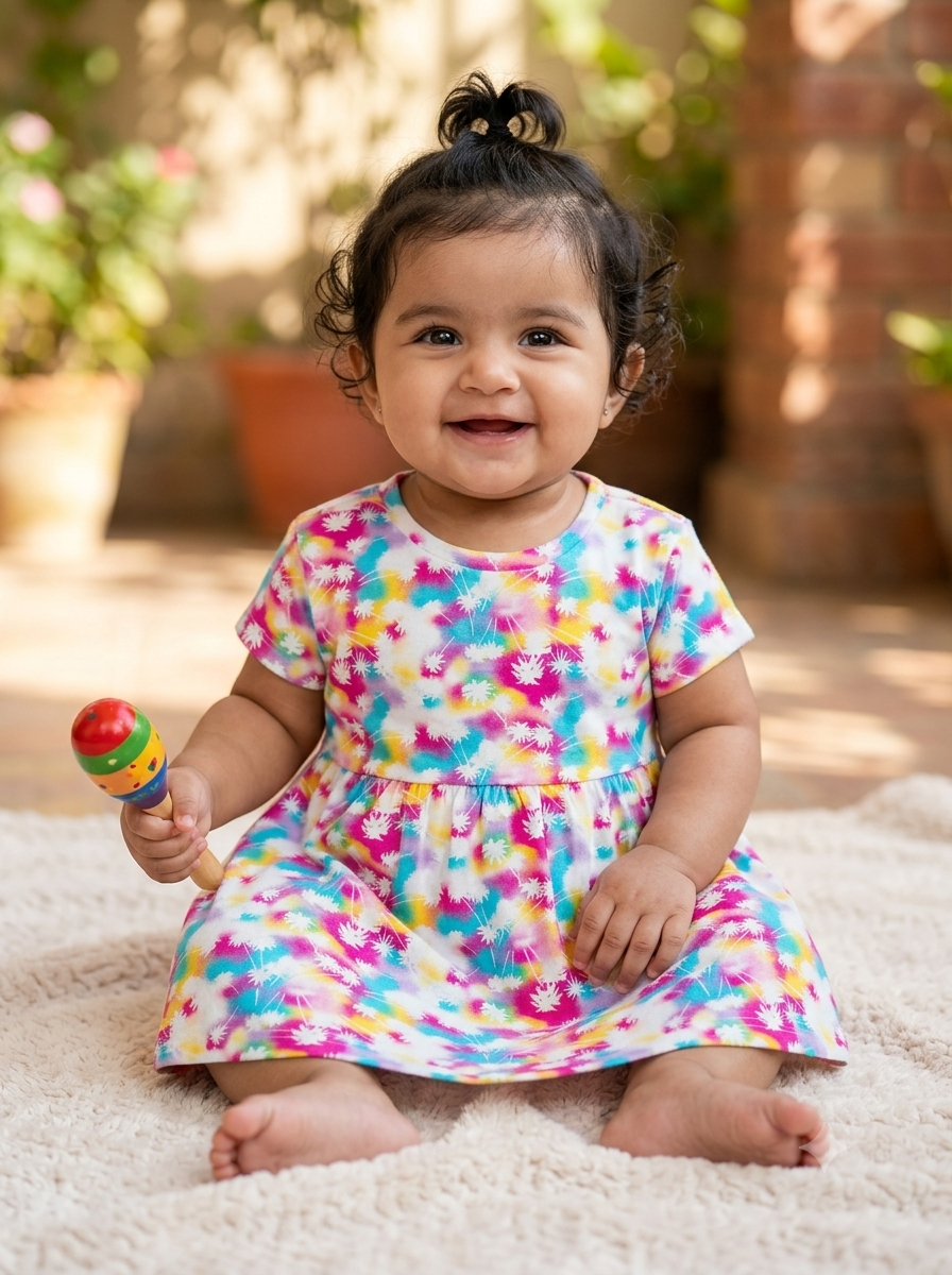 Colorful floral frock on hanger