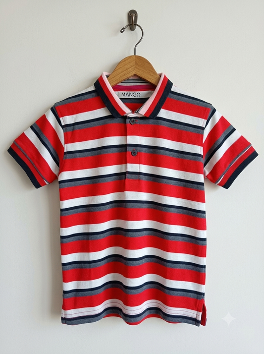 Boys polo shirt red striped - front view on hanger