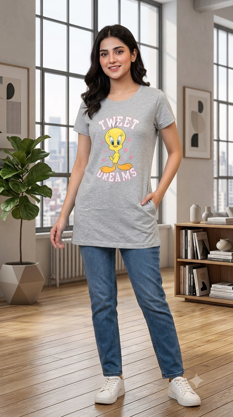 Ladies Long Style T-Shirt - Looney Tunes Pink