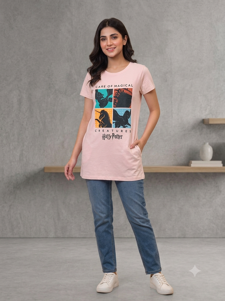 Ladies Long Style T-Shirt - Care of Magical Creatures Pink