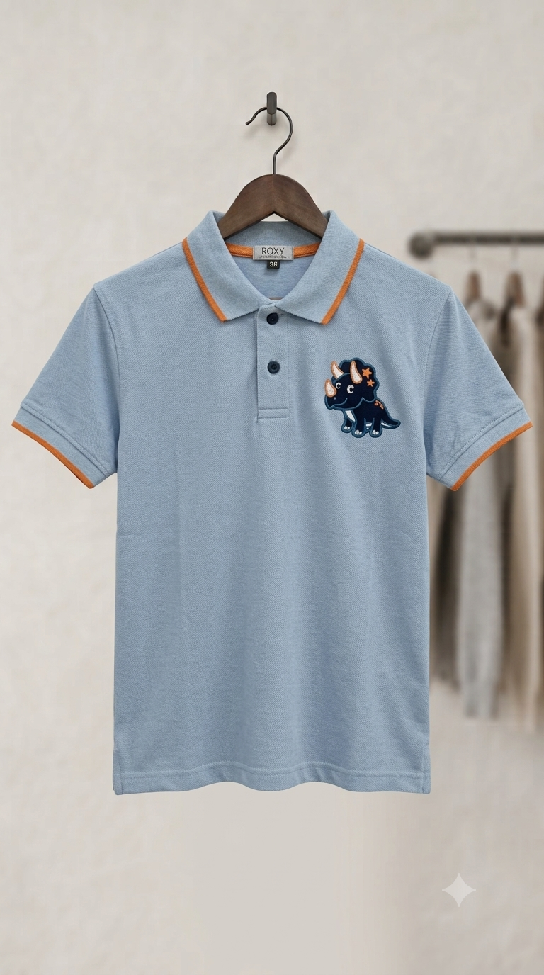 Boys Dino Patch Polo Shirt - Sport Hockey patch flat lay