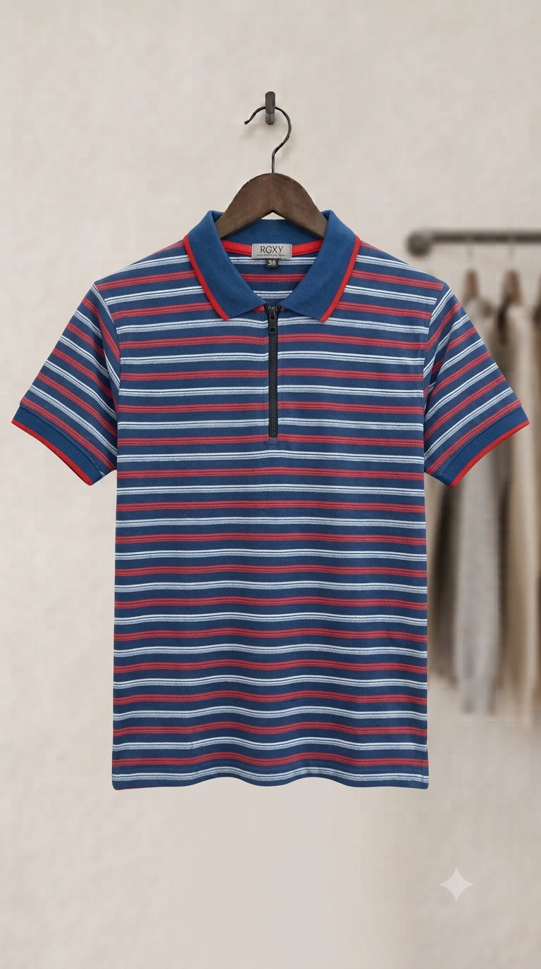 Boys Striped Zip Polo Shirt — flat lay product photo