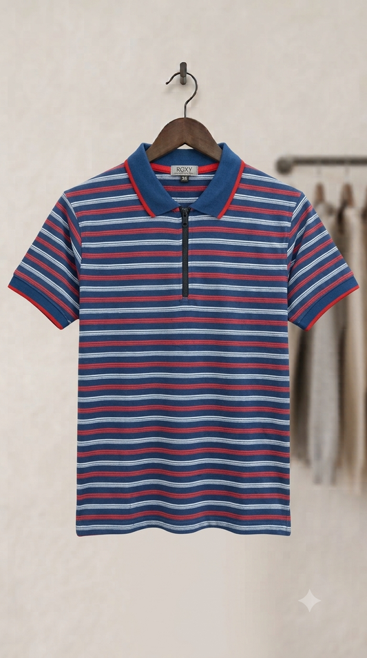 Boys Striped Zip Polo Shirt — flat lay product photo