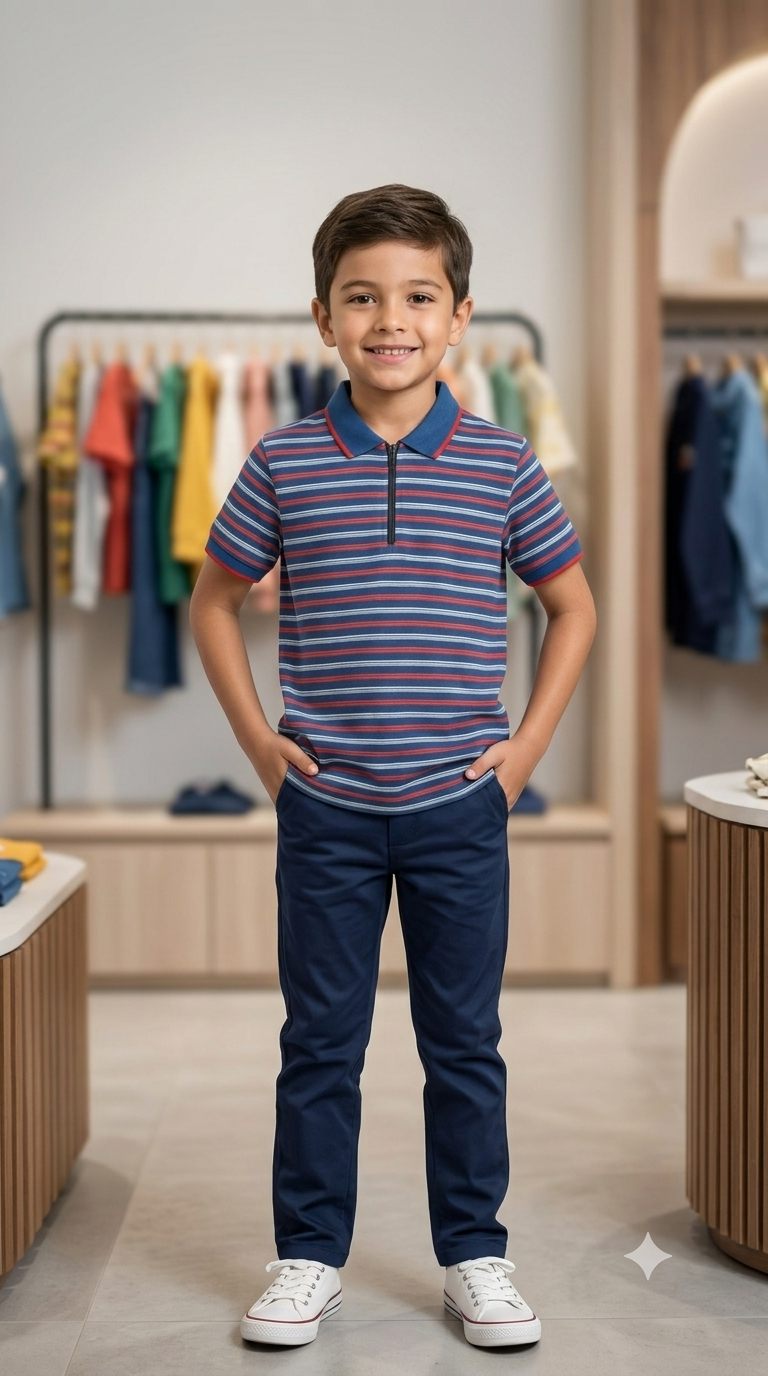 Boys Striped Zip Polo Shirt — worn by child model