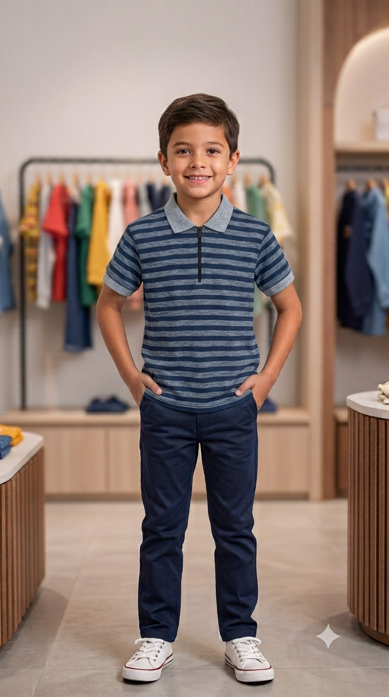 Boys Striped Polo Shirt - Gray Collar on model