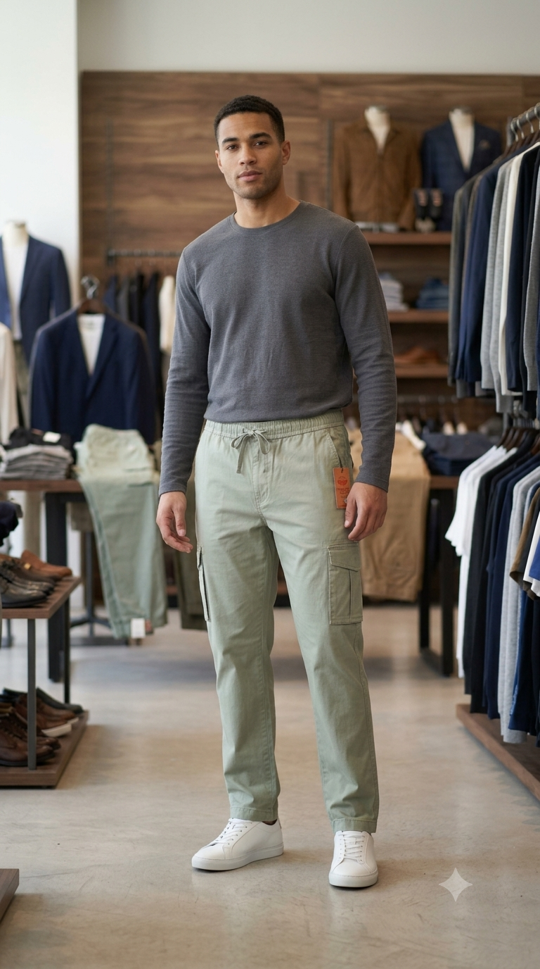 Men's 6 Pocket Cargo Trouser - Sage Green on model