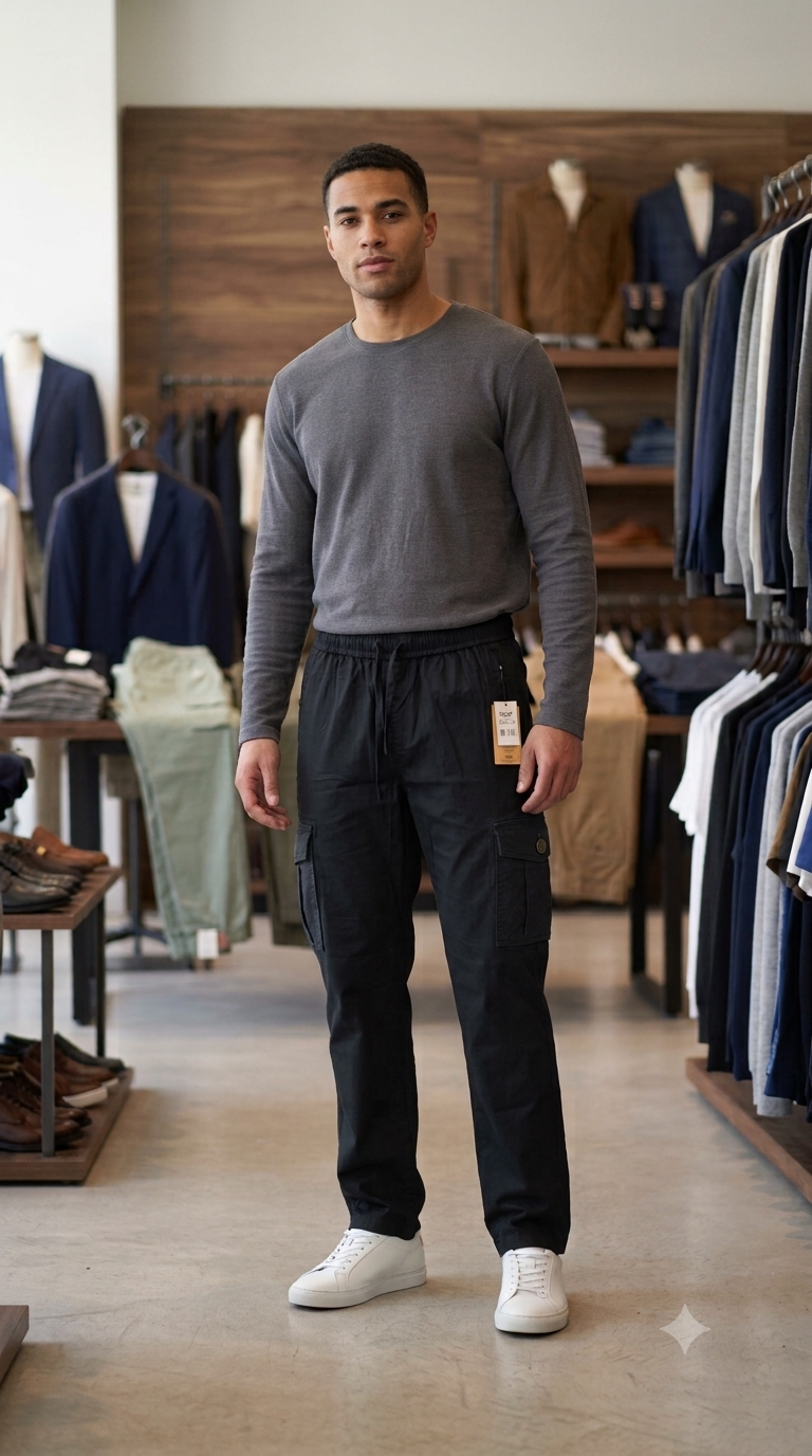 Men's 6 Pocket Cargo Trouser - Black on model