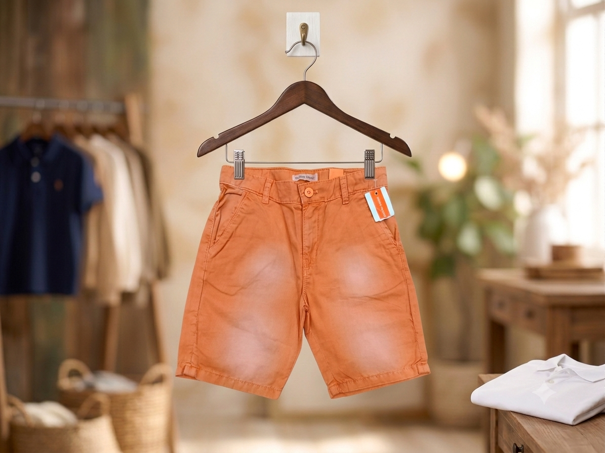 Boy wearing navy polo shirt with orange cotton shorts