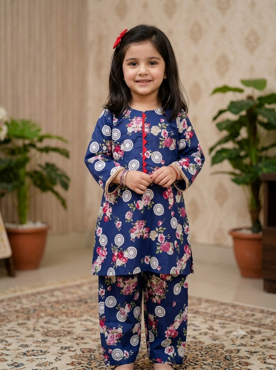 Girls Navy Blue Floral Cotton Suit - Hanger View