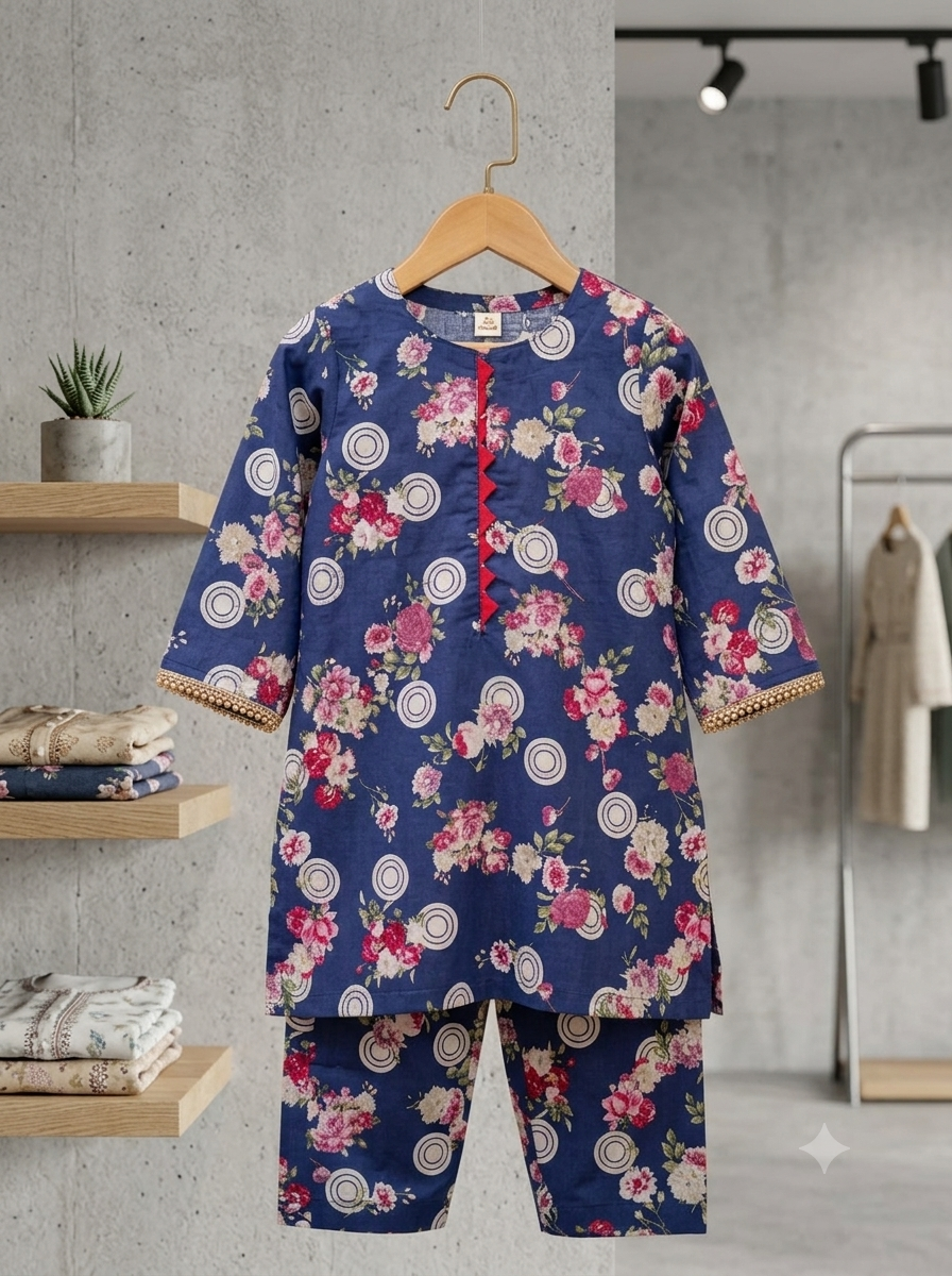 Girls Navy Blue Floral Cotton Suit - Model View