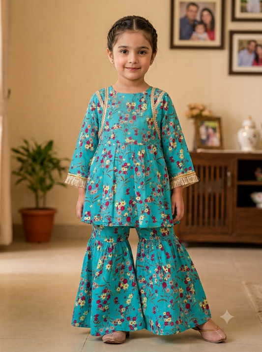 Girls Teal Floral Kurti Sharara Set - Model Shot