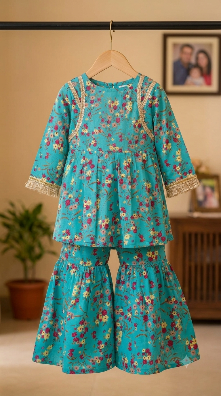 Girls Teal Floral Kurti Sharara Set - Flat Lay