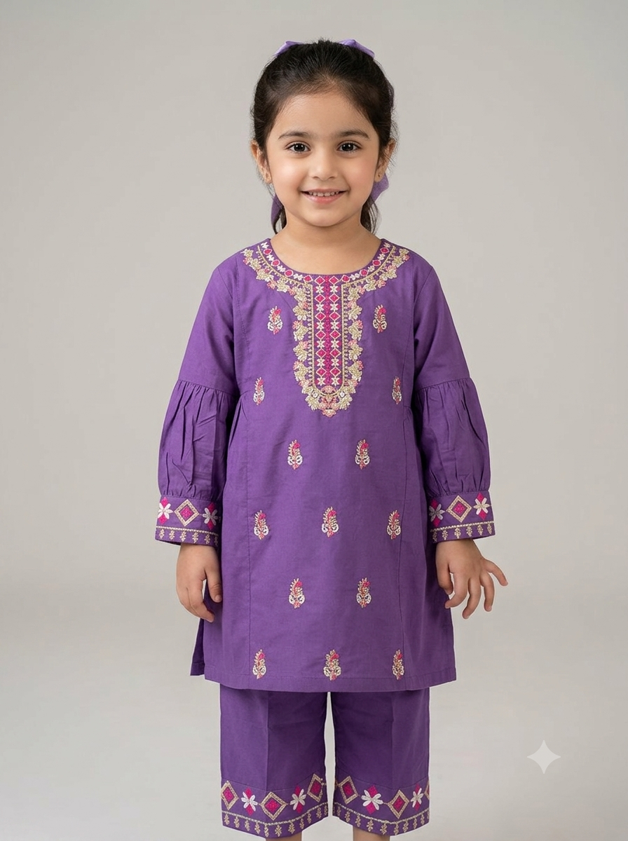 Girls Purple Embroidered Shalwar Kameez - Front worn view