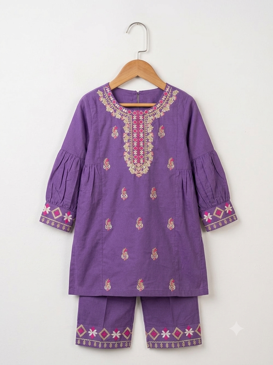 Girls Purple Embroidered Shalwar Kameez - Flat lay on hanger