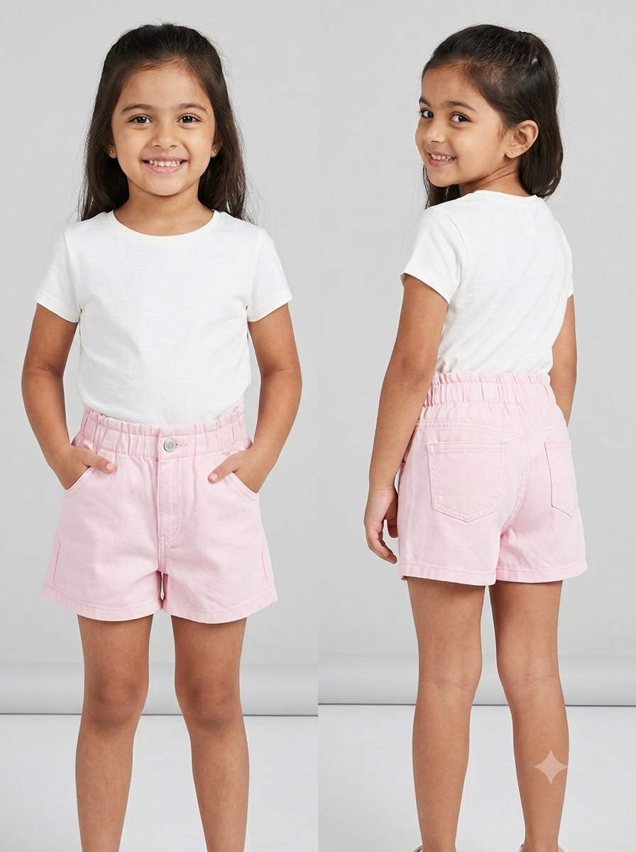Girl wearing white denim shorts - front and back view
