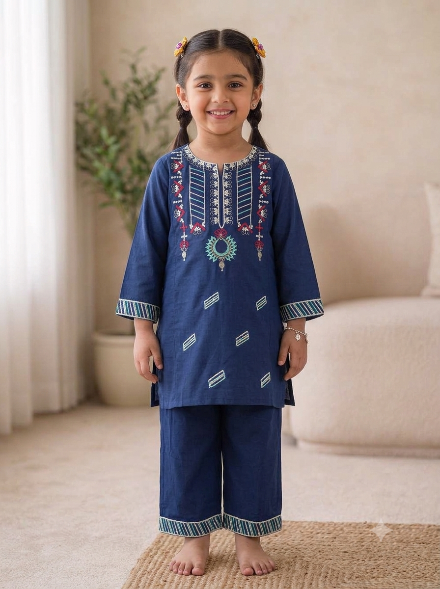 Girls Embroidered Shalwar Kameez - Navy Blue on model