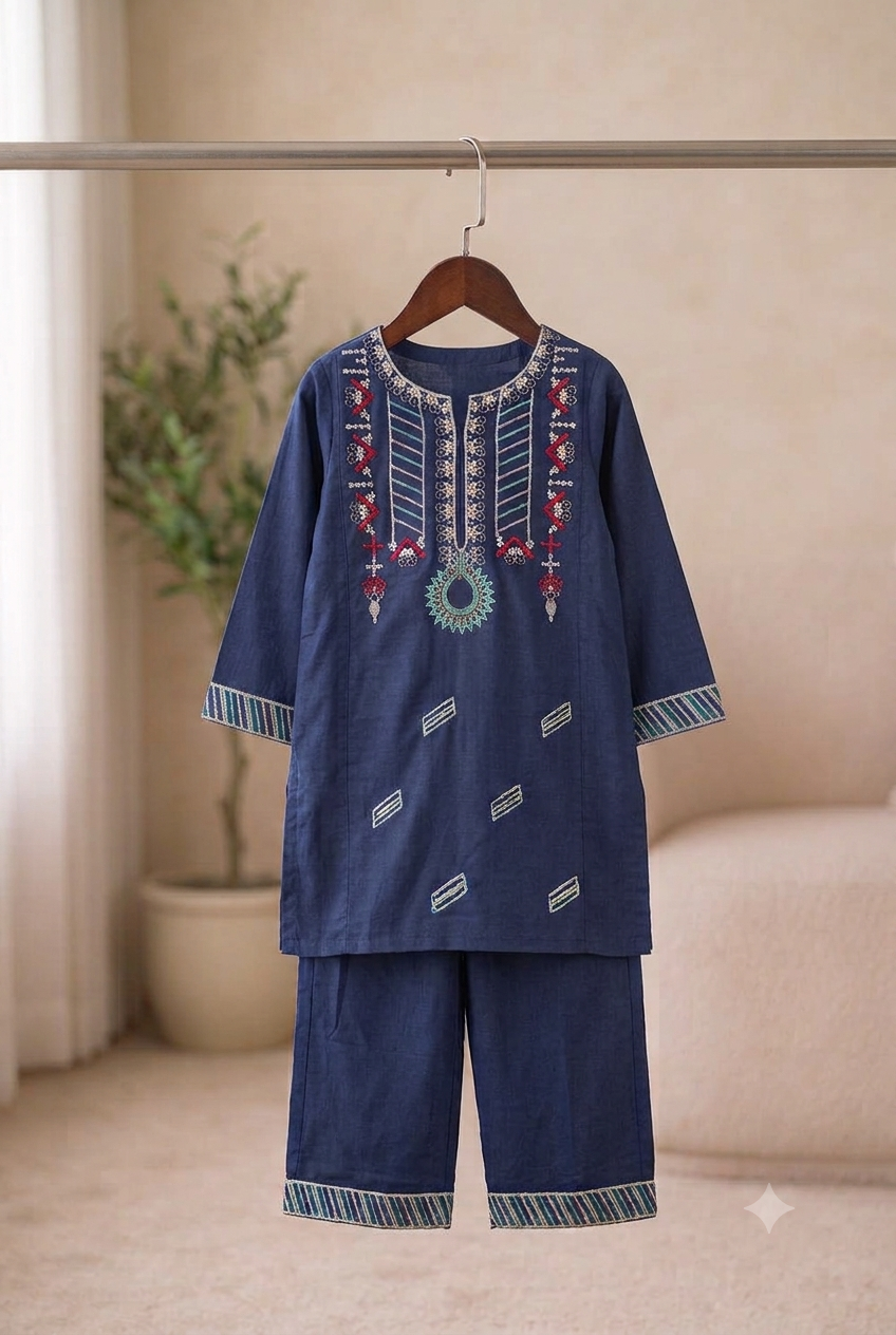 Girls Embroidered Shalwar Kameez - Yellow on model