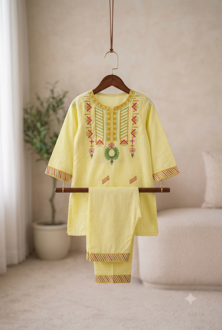 Girls Embroidered Shalwar Kameez - Yellow flat lay