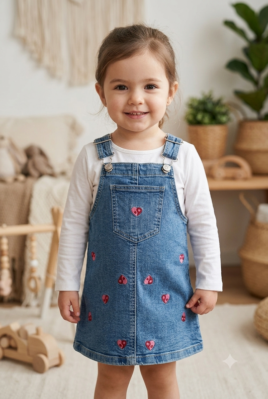 Girls Denim Heart Pinafore Dress