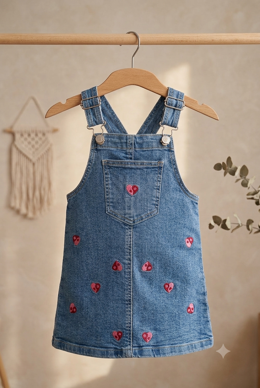 Girls Denim Heart Pinafore Dress