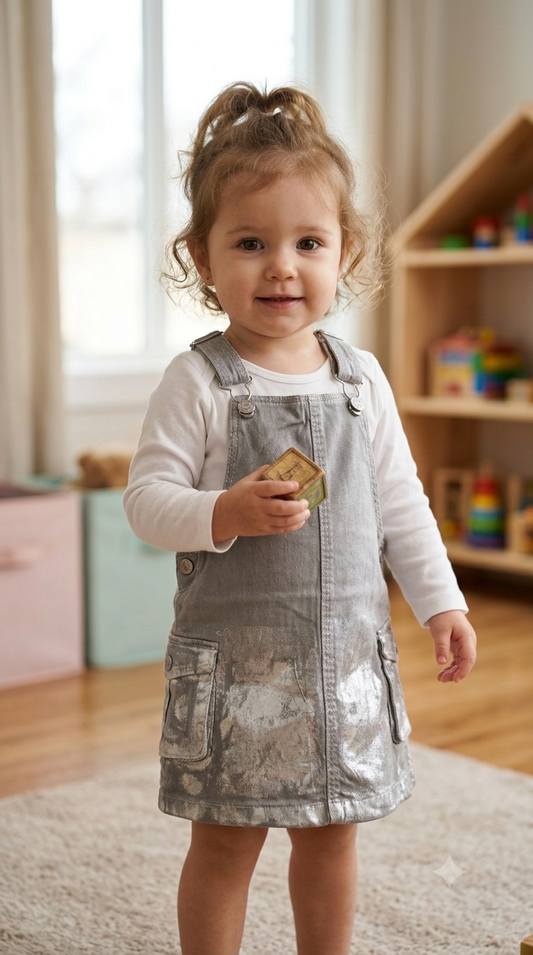 Girls Silver Shimmer Dungaree Dress