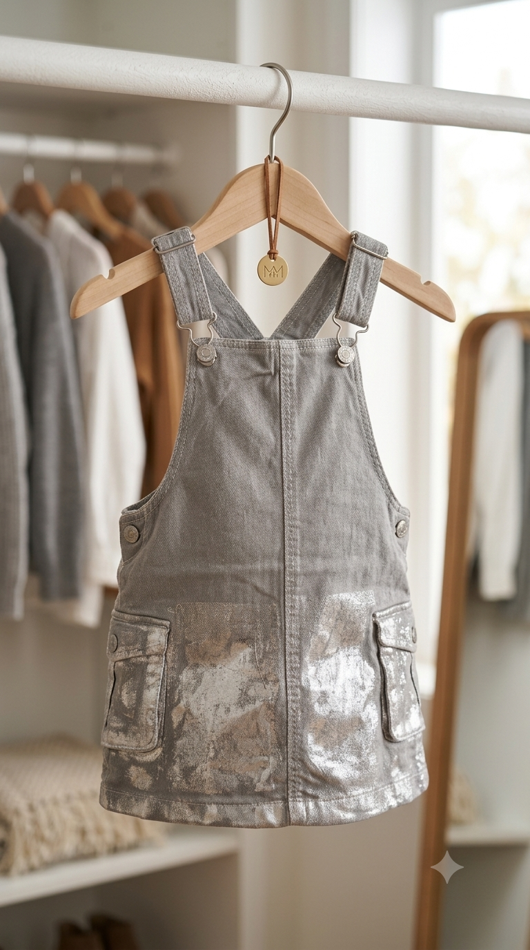 Girls Silver Shimmer Dungaree Dress