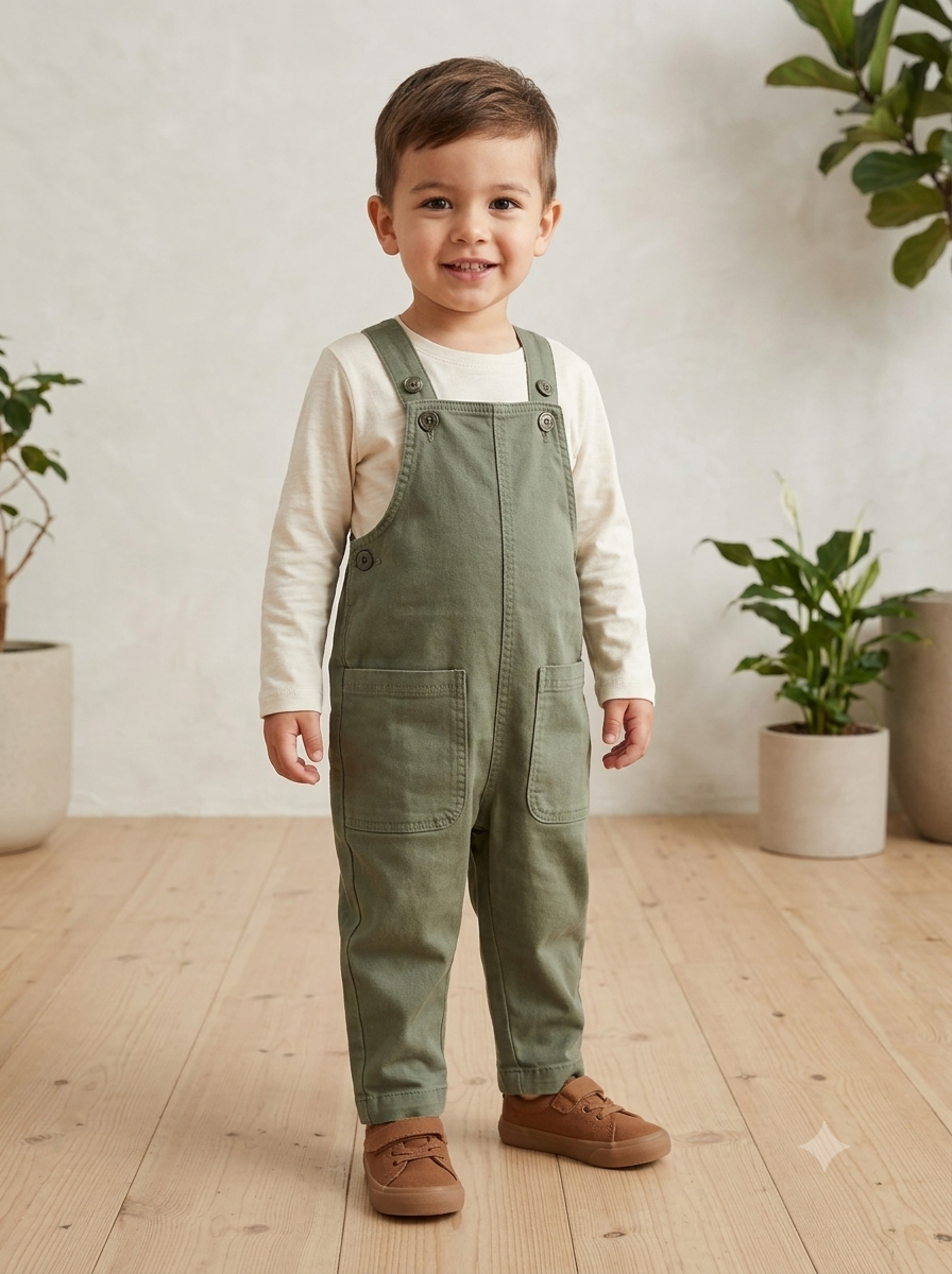 Boys Olive Green Dungaree