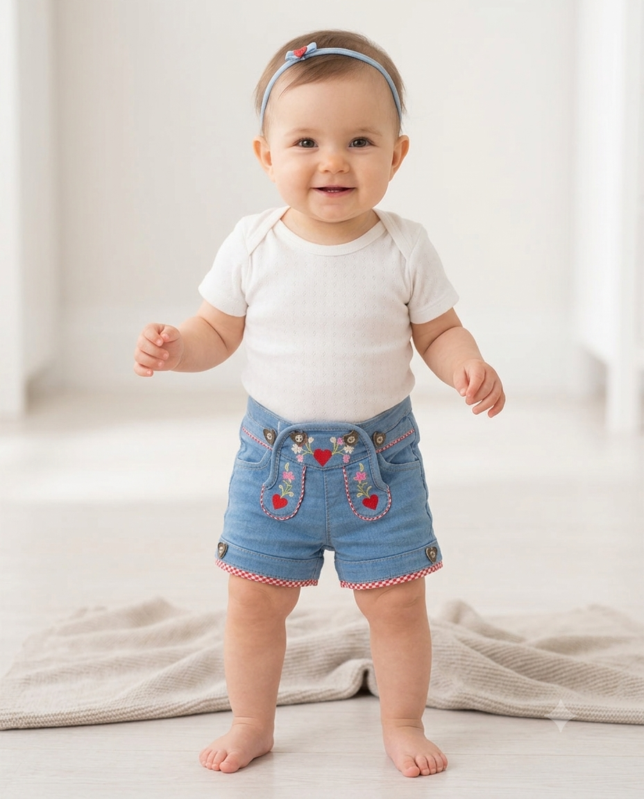 Girls Embroidered Denim Short - Back view on hanger