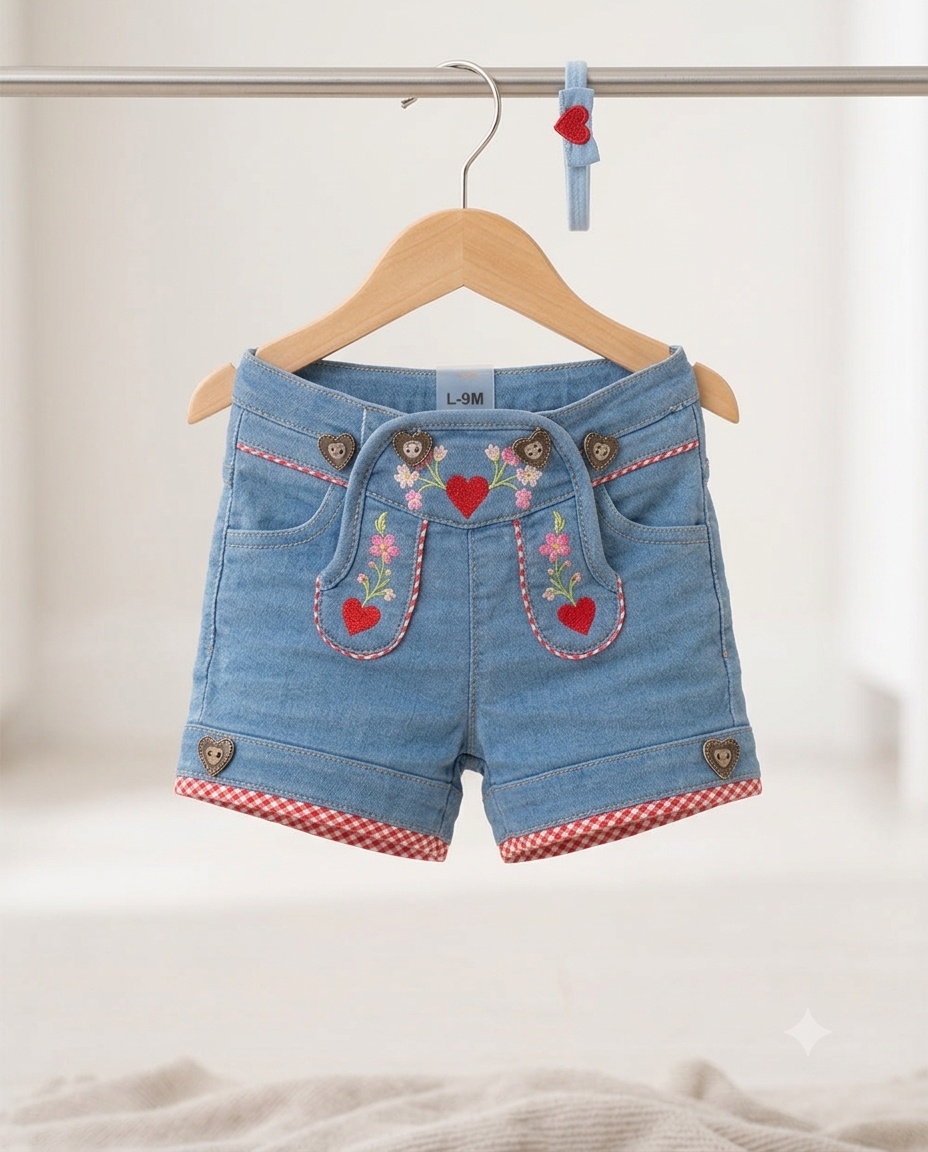 Girls Embroidered Denim Short - Baby girl sitting