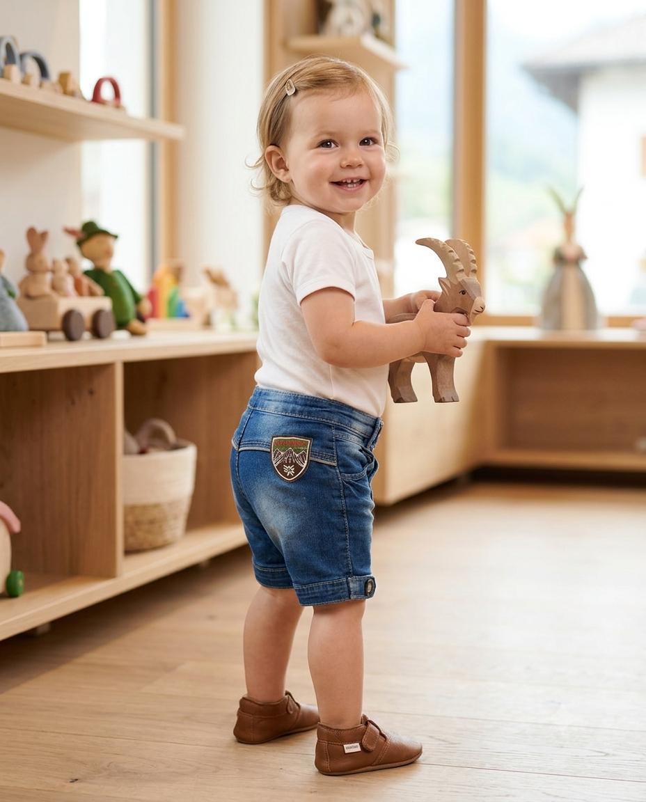 Bavarian embroidered denim shorts on hanger - front view