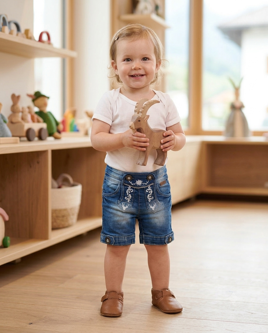 Bavarian embroidered denim shorts - product flat lay collage