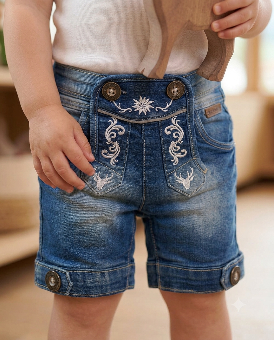 Baby girl wearing Bavarian embroidered denim shorts - side view