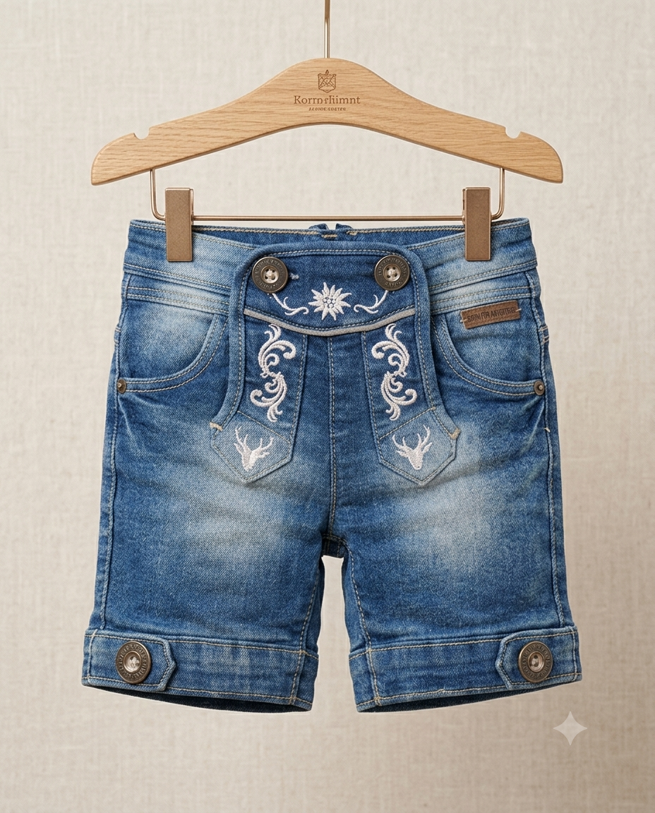 Baby girl wearing Bavarian embroidered denim shorts - front view