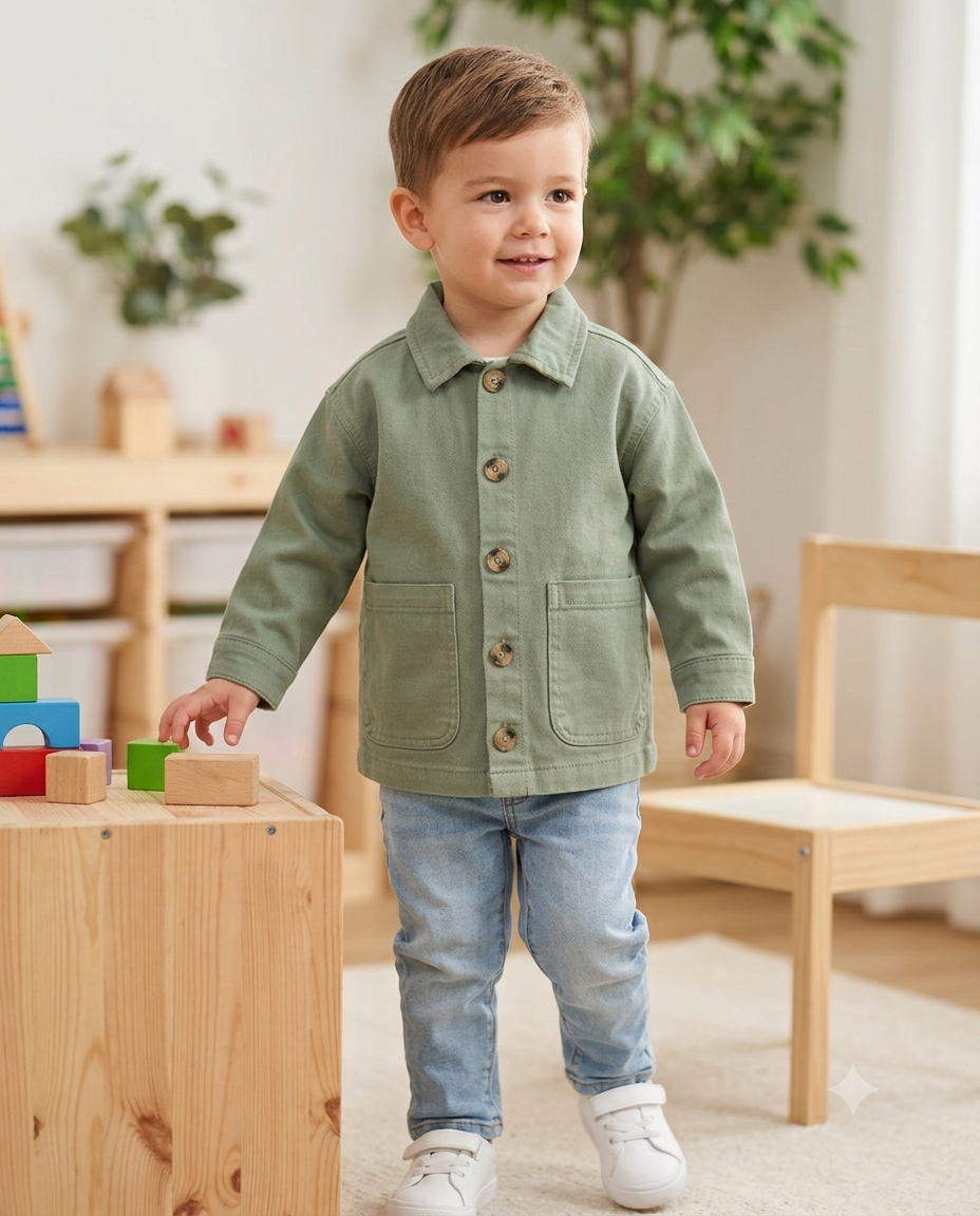 Kids cotton shirt jacket – boy wearing olive green jacket with jeans