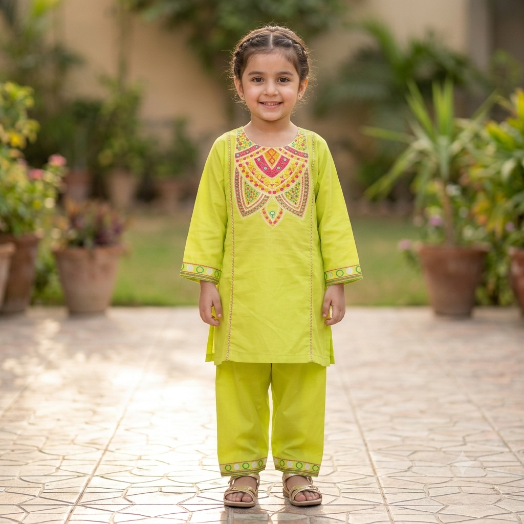 Girls Lime Green Embroidered Shalwar Kameez - Standing pose