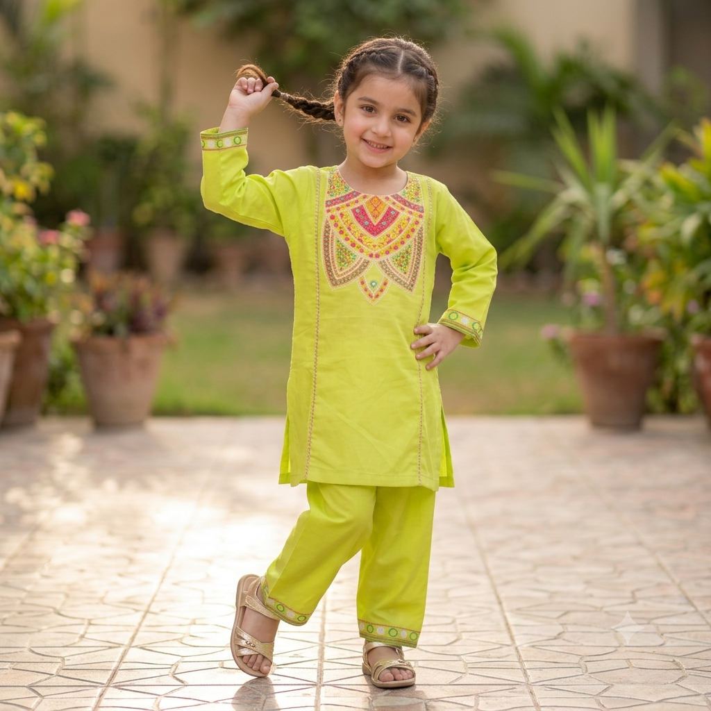 Girls Lime Green Embroidered Shalwar Kameez - Flat lay on hanger