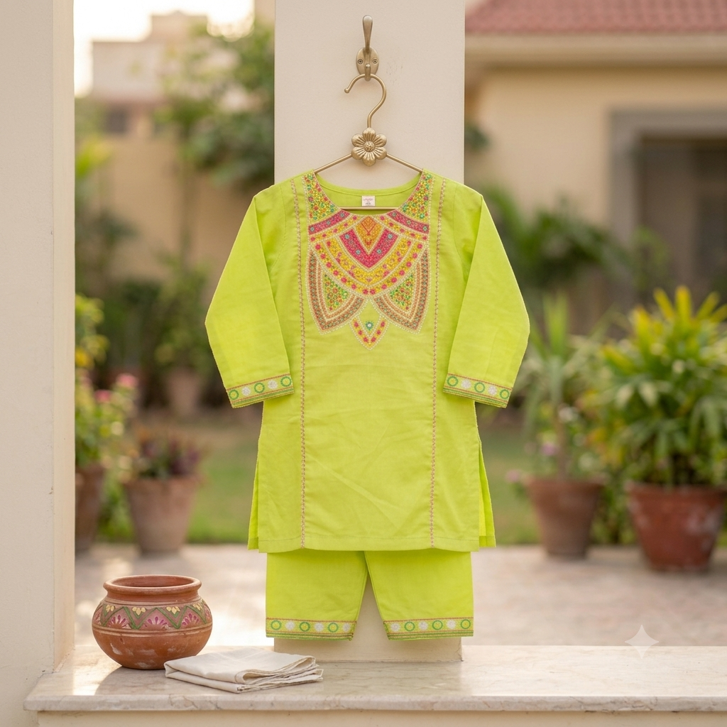 Girls Lime Green Embroidered Shalwar Kameez - Front pose