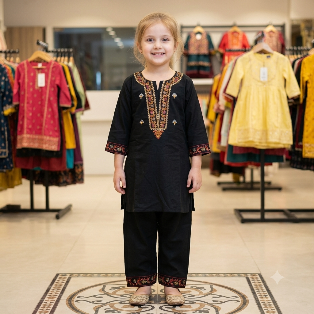Girls Black Embroidered Shalwar Kameez - Model wearing