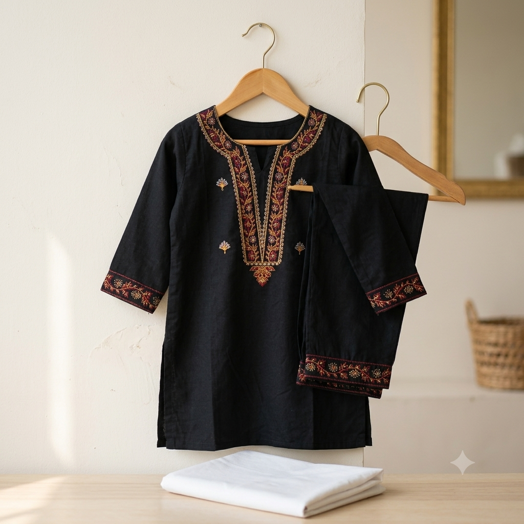 Girls Black Embroidered Shalwar Kameez - Flat lay on hanger