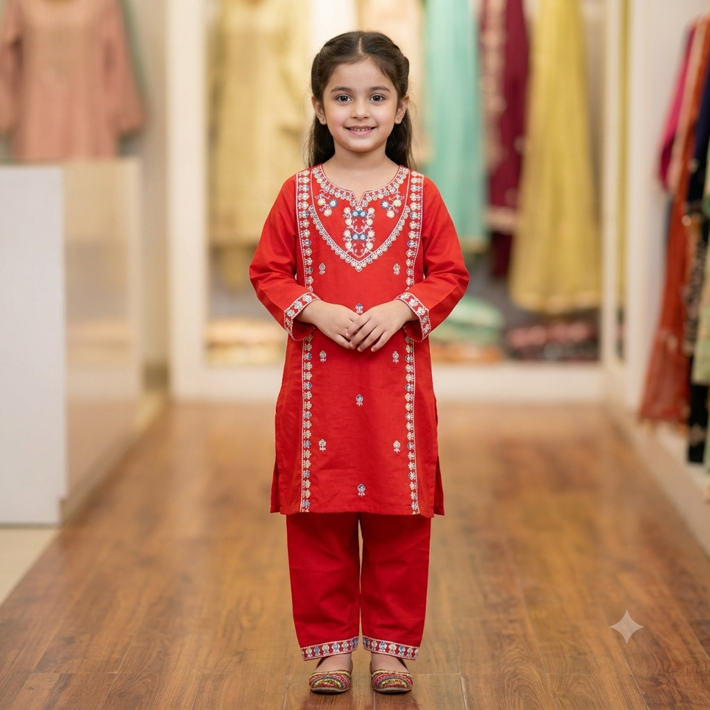 Girls Red Embroidered Shalwar Kameez - Flat lay