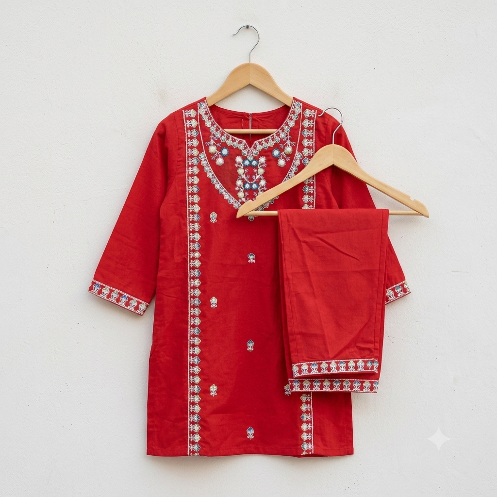 Girls Red Embroidered Shalwar Kameez - Model wearing