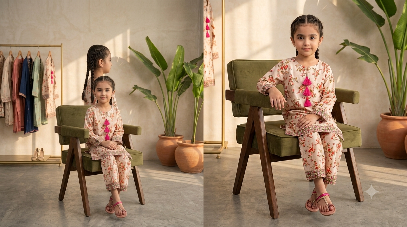 Girls Floral Shalwar Kameez - Full front standing view
