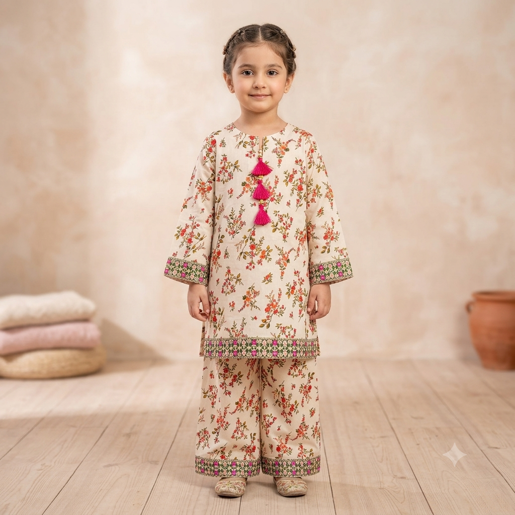 Girls Floral Shalwar Kameez - Sitting pose with bag and khussa